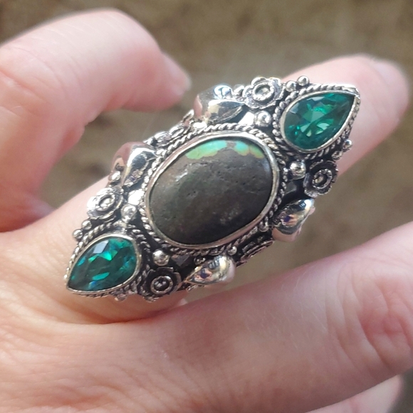 New Turquoise & Diopside 925 Silver Crescent Moon Statement Ring. - Picture 10 of 12